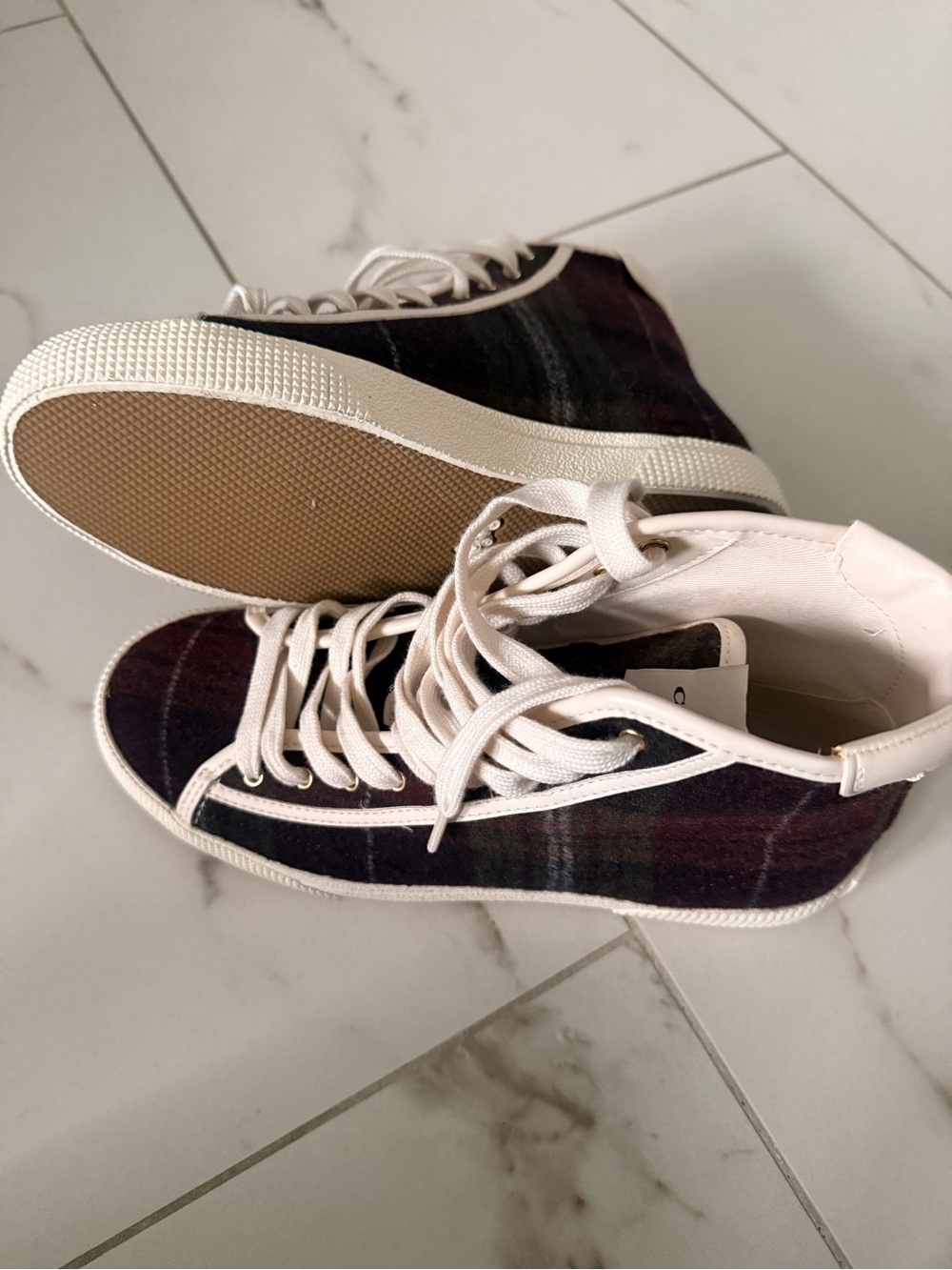 Coach Plaid High-Top Sneakers in Dark Plum and Cream